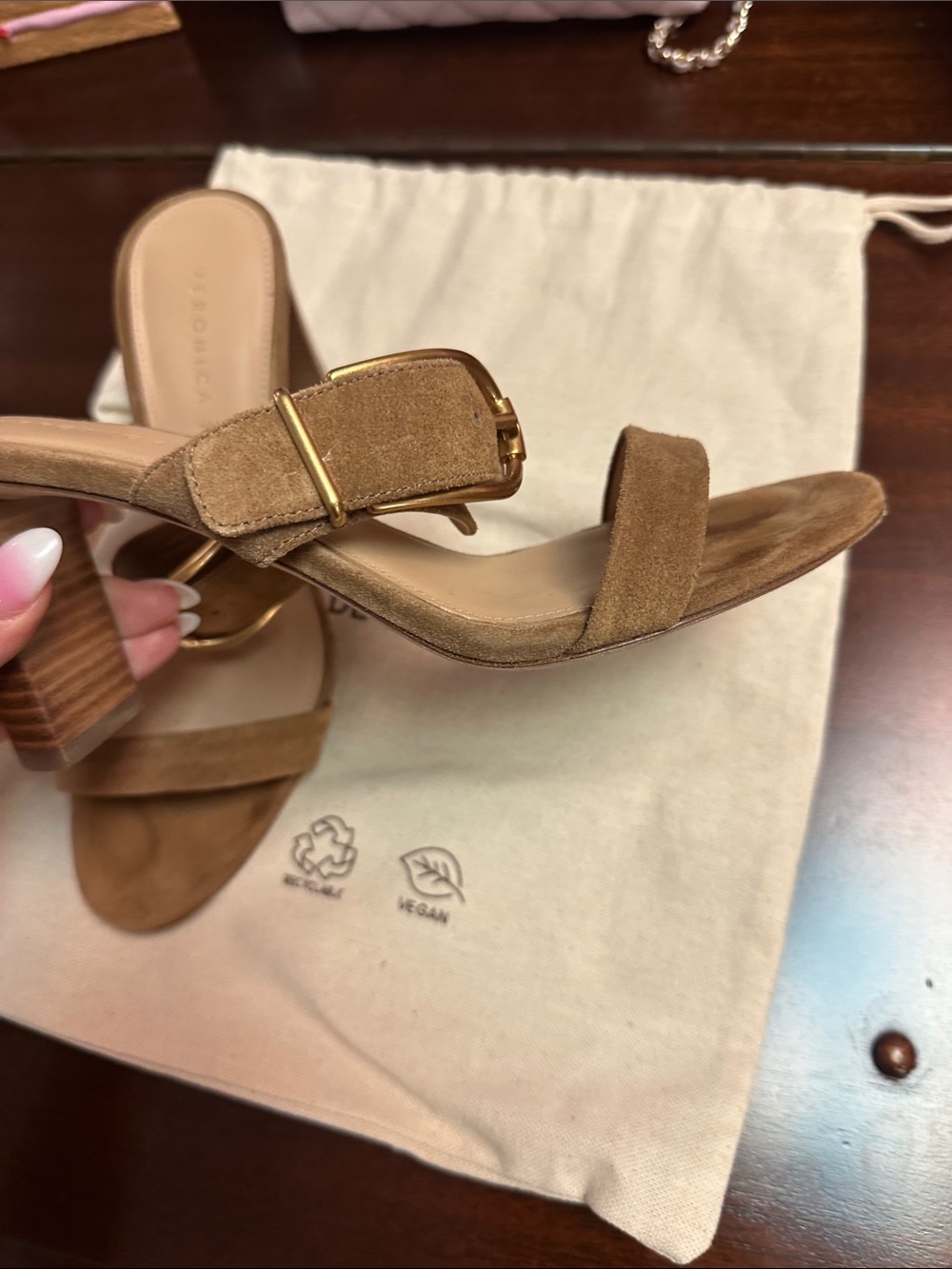 Veronica Beard Tan Suede Mule Sandals with Gold Buckle - Picture 8 of 8